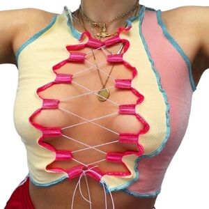 ✨$7 CLEAR-OUT✨ Shein Lace Tie Up Patchwork Cleavage Cropped Crop Tank Top Pink